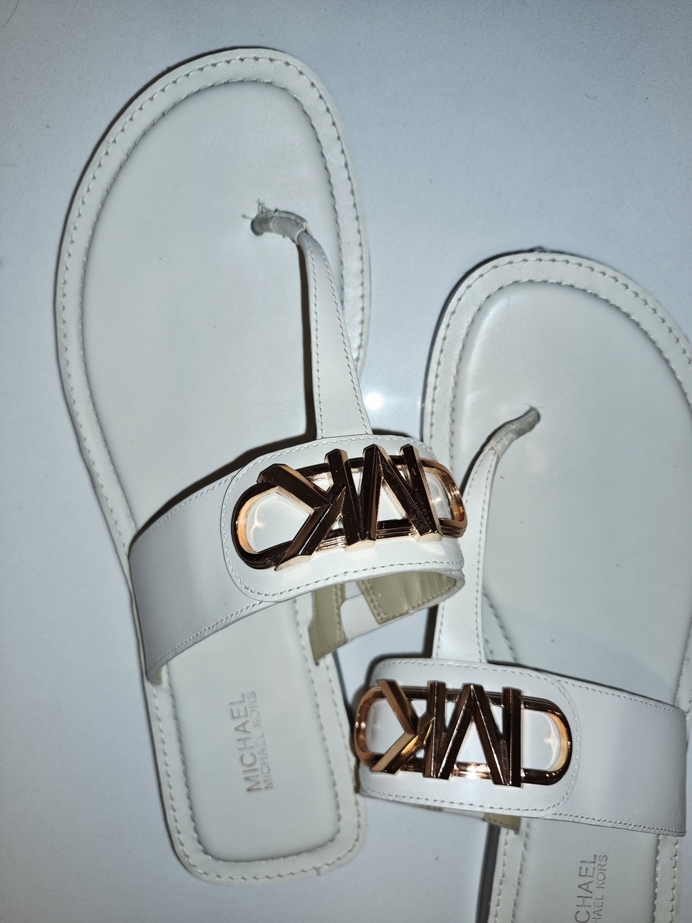 Michael Kors White Logo Toe-Post Sandals with Gold Hardware Size 9